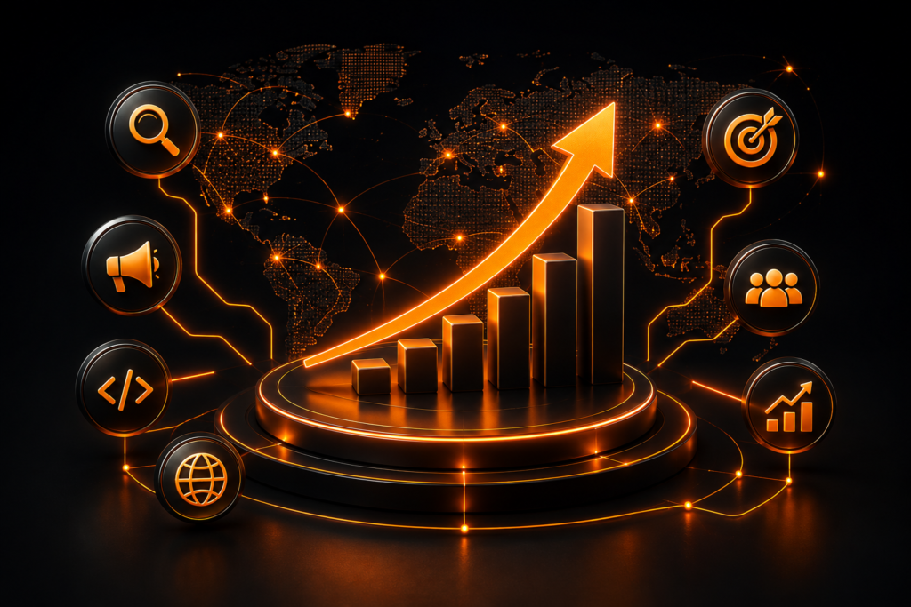Digital growth ecosystem representing SEO, content, paid ads, web development, social media and design services by Clickzono