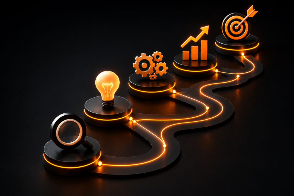 Digital marketing process showing research, strategy, execution, measurement and optimization workflow