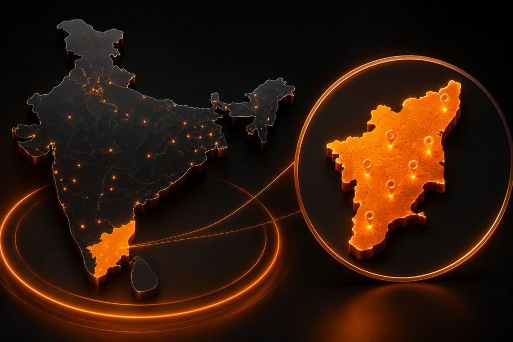 India and Tamil Nadu map visual representing Clickzono’s digital marketing service coverage across Tamil Nadu