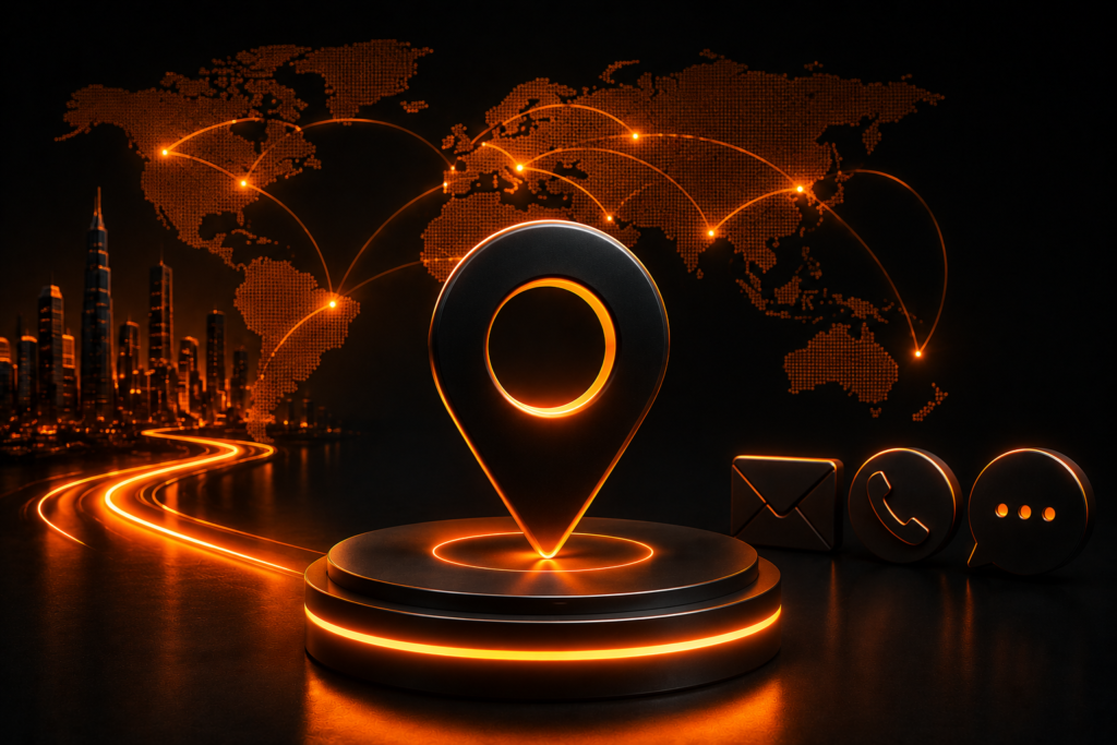Digital communication and location visual representing contact and business enquiries with Clickzono