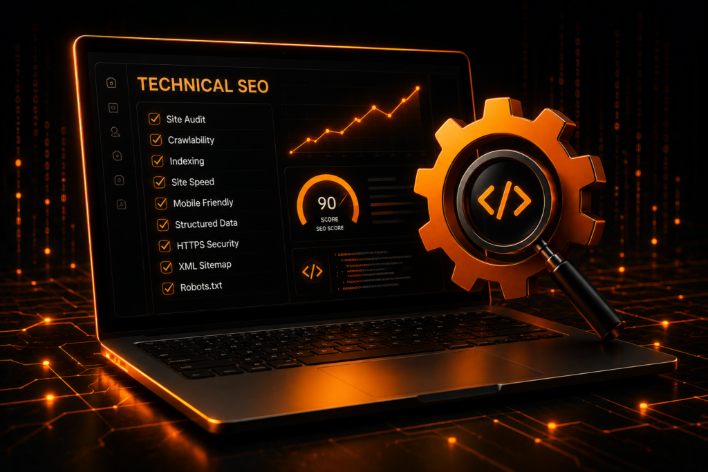 Technical SEO audit illustration showing crawlability indexing site speed and structured data