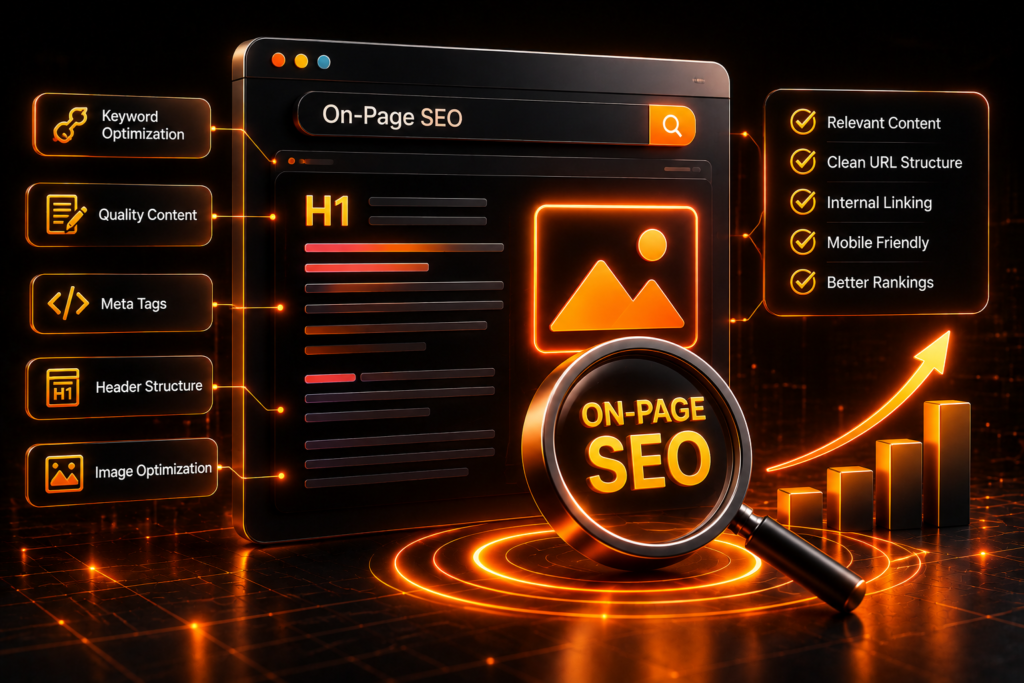 On-page SEO illustration showing headings content meta tags keywords and internal linking