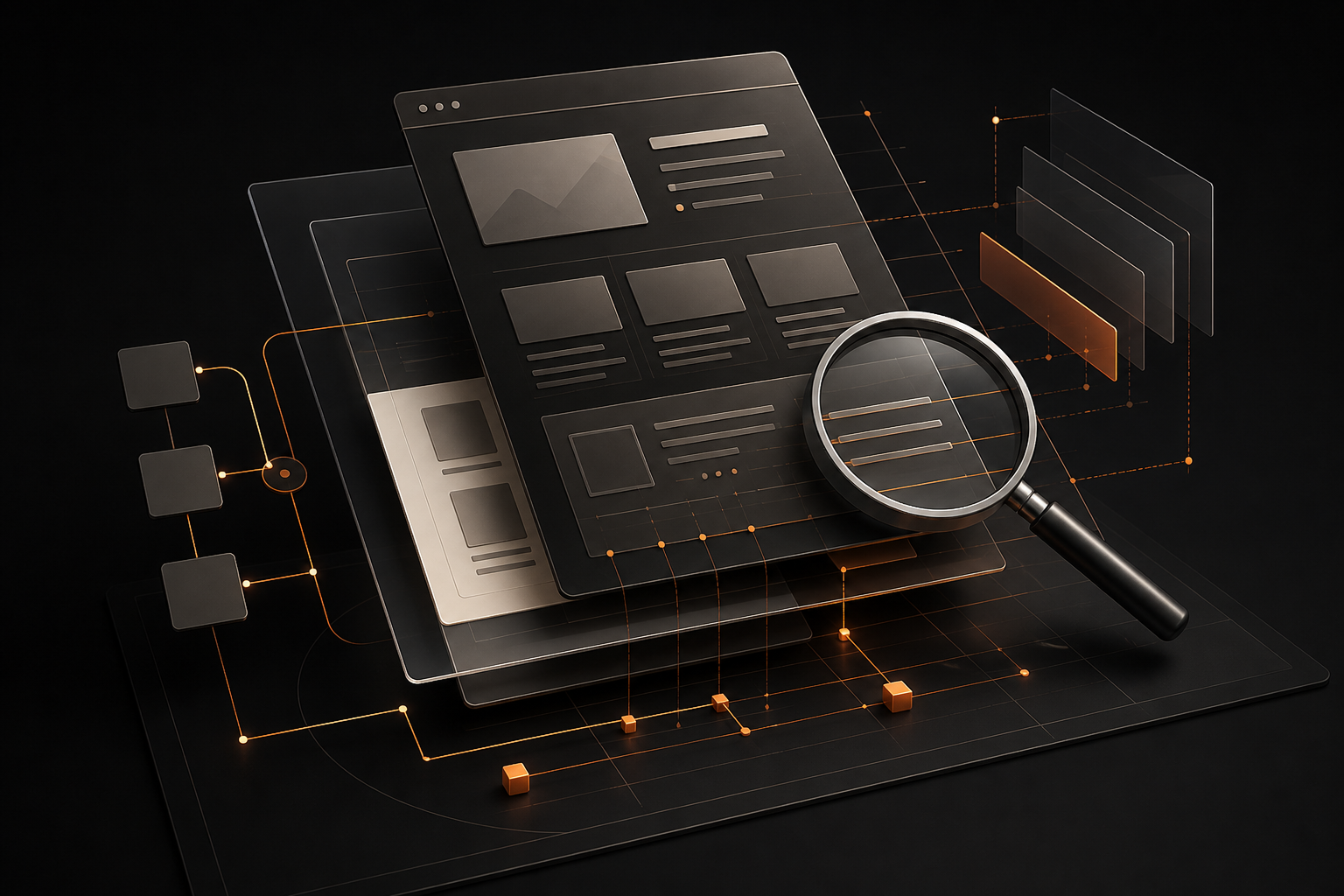 Website page structure being analyzed with a magnifying glass for on-page SEO